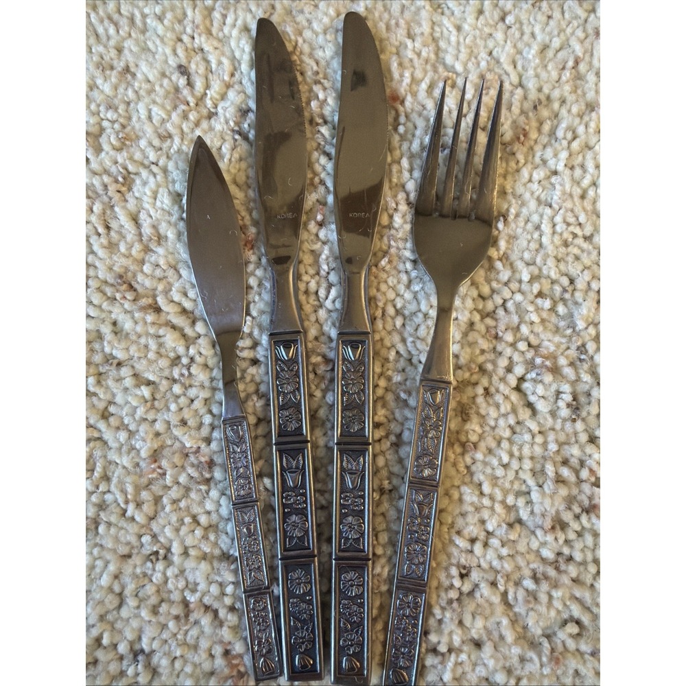 Vtg Northland Stainless Korea Spring Fever Pattern 4 Pc Place Setting Flatware